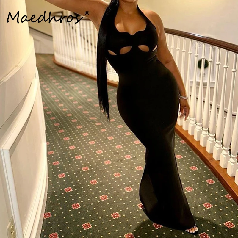 

Fashion Halter Solid Sexy Hollow Out Backless Bandage Sexy Bodycon Maxi Dress Summer Outfits Birthday Party Festival Y2K Dress