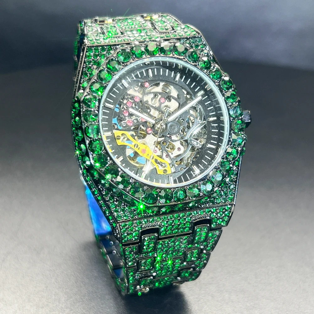 Luxury Men Automatic Wristwatch Top Brand Mechanical Skeleton Original Green Diamond Watches Waterproof Clock Relogio Masculin