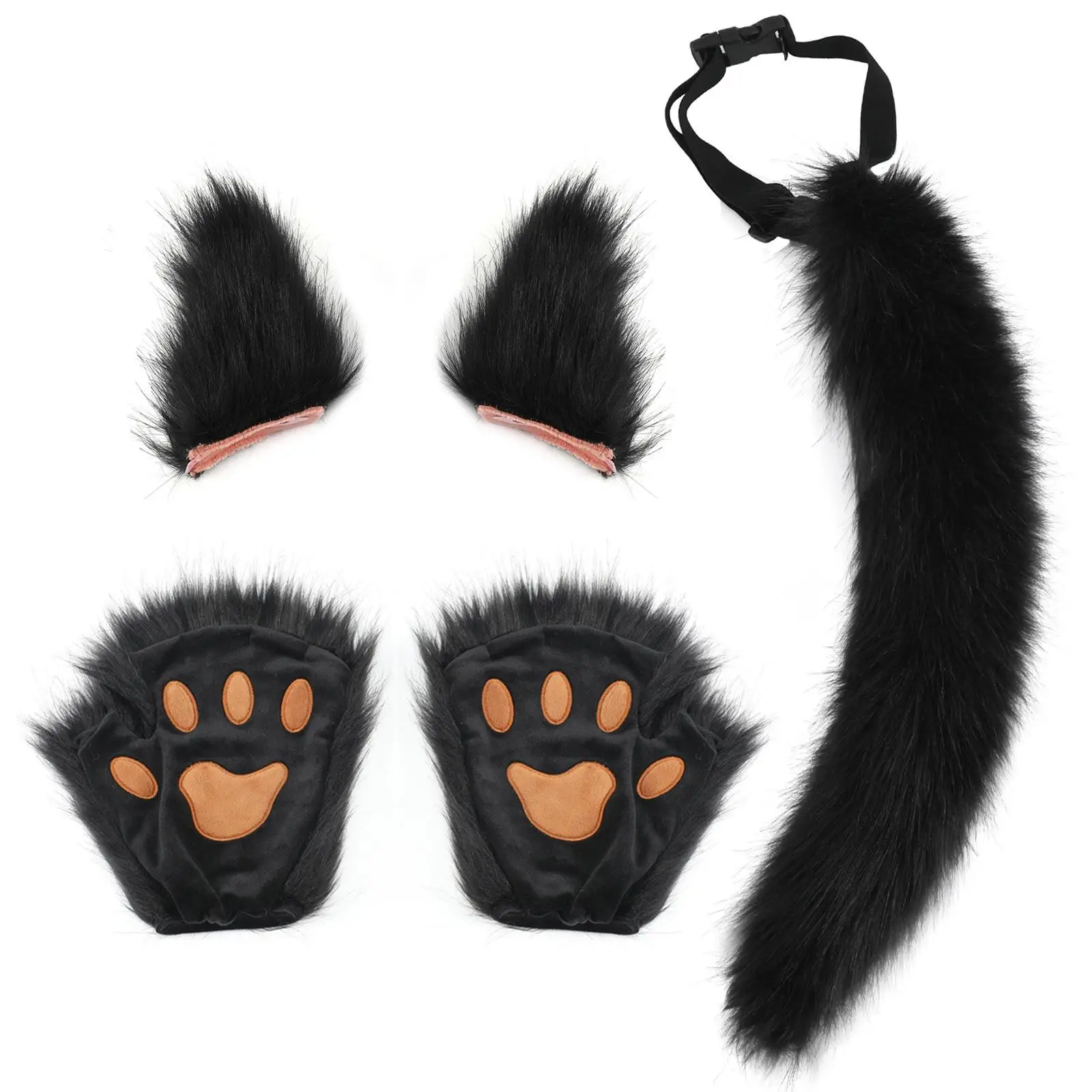 Furry Tail and Ears Set with Gloves Adjustable Headpiece Soft for Themed Parties