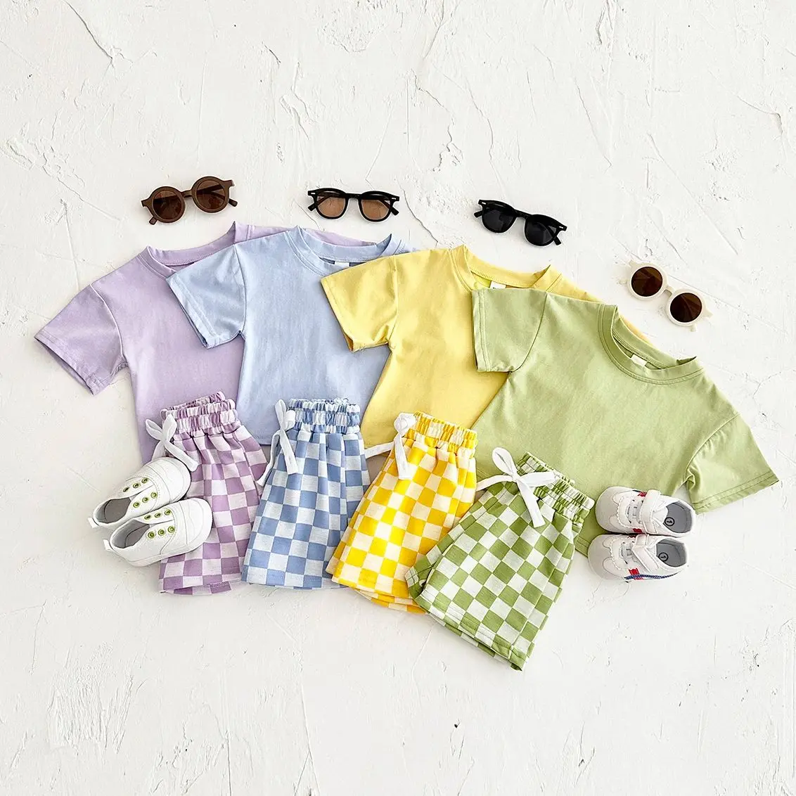 Ins Summer Newborn Boys Girls Clothing Baby Set Solid Short Sleeved T-shirt+Checkerboard Shorts Cotton Casual 2PCS 0-3Y