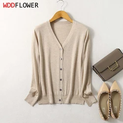 Women Sweater Mulberry Silk Cashmere Blend Solid Colors V Neck Buttons Down Long Sleeve Knit Cardigan Top Coat Warm XL XXL LY049