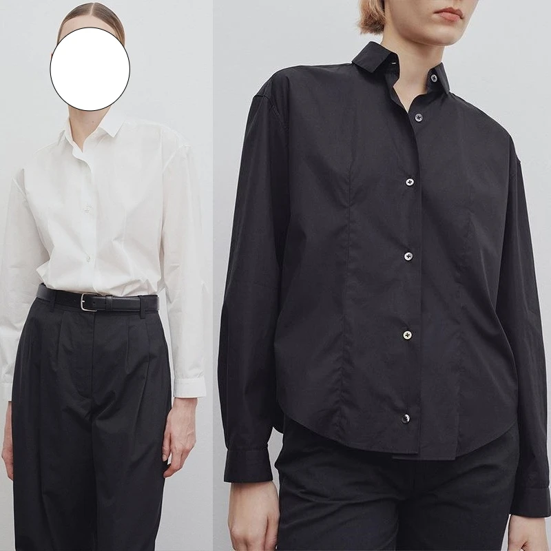 

LUXURY Черно-белая рубашка, женская однотонная, простая, свободная, повседневная, с длинным рукавом, тонкая рубашка, ниша, элитный, осень