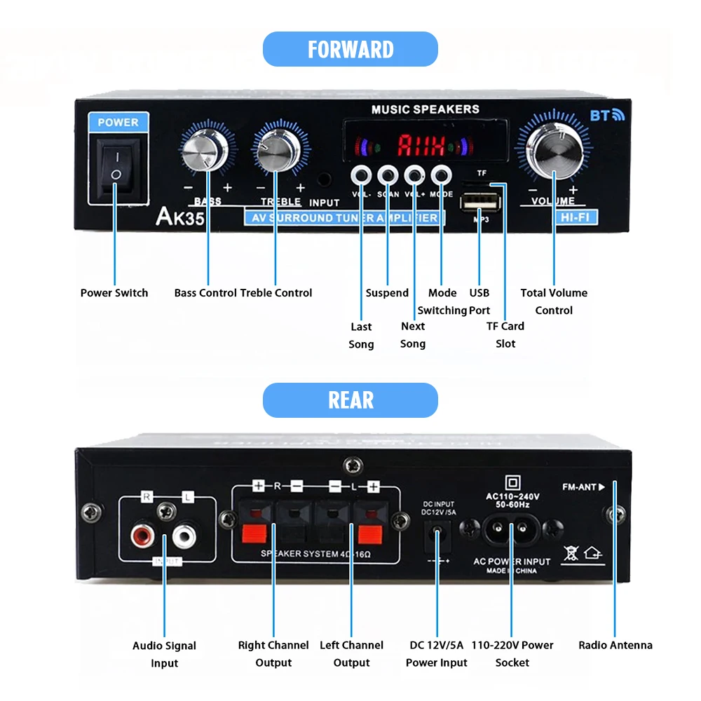 HiFi Digital AK35 Amplifier Bluetooth Home Power Amplifiers Channel 2.0 Stereo Sound 110V-240V for Car FM USB Remote Control
