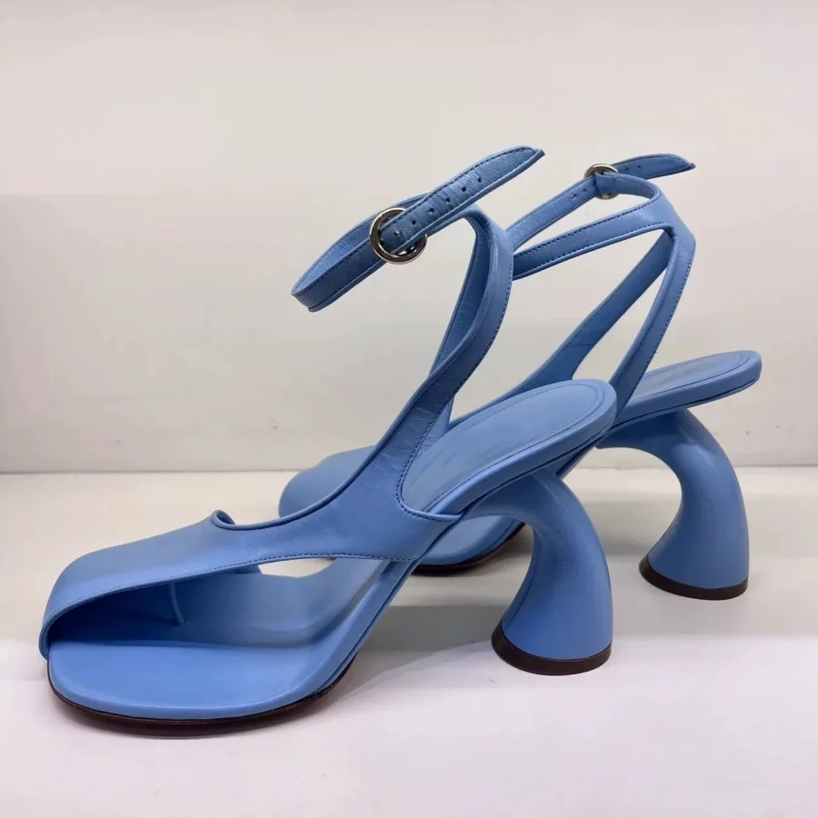 Leather Peep Toe Unique Curved Block Heel Sandals Women Ankle Strap Buckle Slingback Pumps Summer Casual Party Dress Shoes
