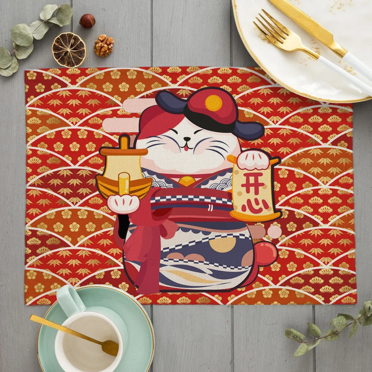 Unique Original Design Cute Plutus cat Placemat Japan Style Eat Udon noodles Table Mat Desktop Pad Cartoon cat Cup Coaster