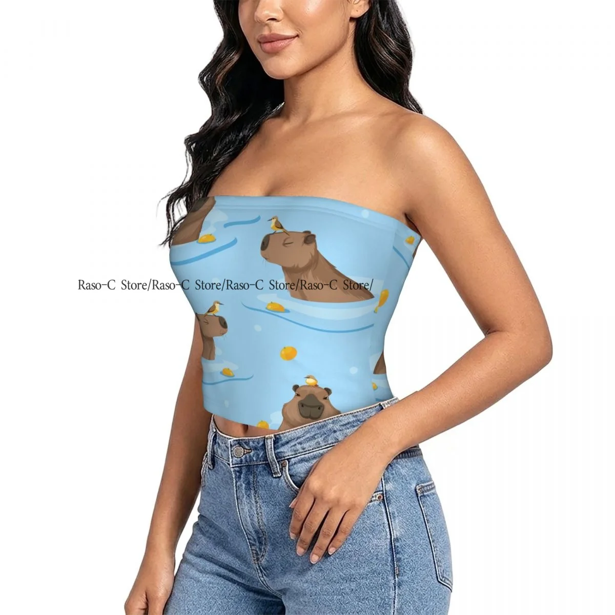 Women Block Crop Slim Tube Top Cute Capybara Oranges Sea Swimming Strapless Top For Summer Female Clothing