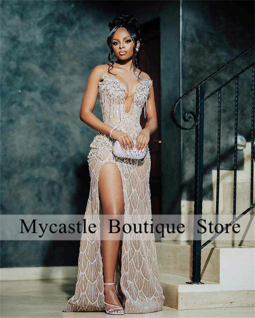 

Sparkly Beaded Lace Long Prom Dress For Black Girl 2025 Luxury Birthday Party Dresses Crystal High Slit Evening Gowns Customized