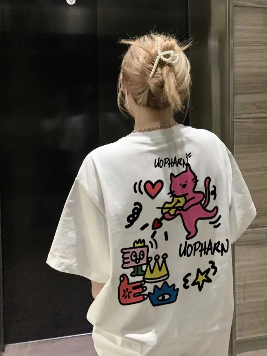 ins Cute Cartoon Print T-shirt Women's Summer 2025 New 100% Cotton Short sleeves American style T-shirt Y2k Top Female clothing