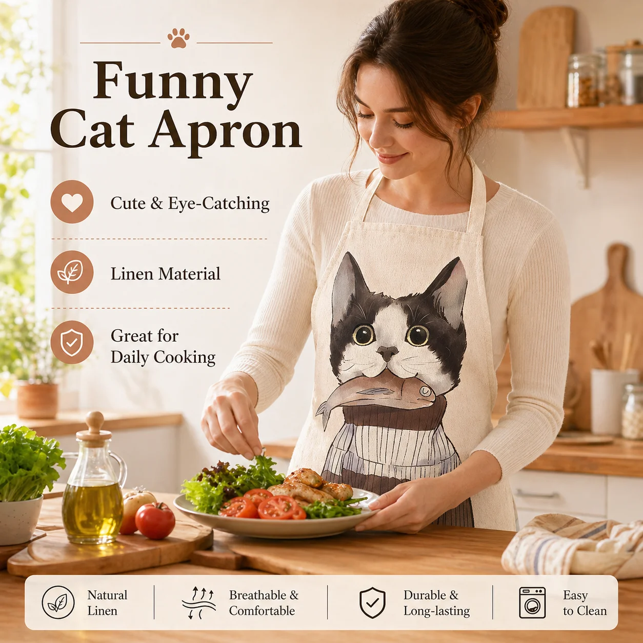 Uroczy lniany fartuch kuchenny – Home Cooking For Cats recenzja i cena