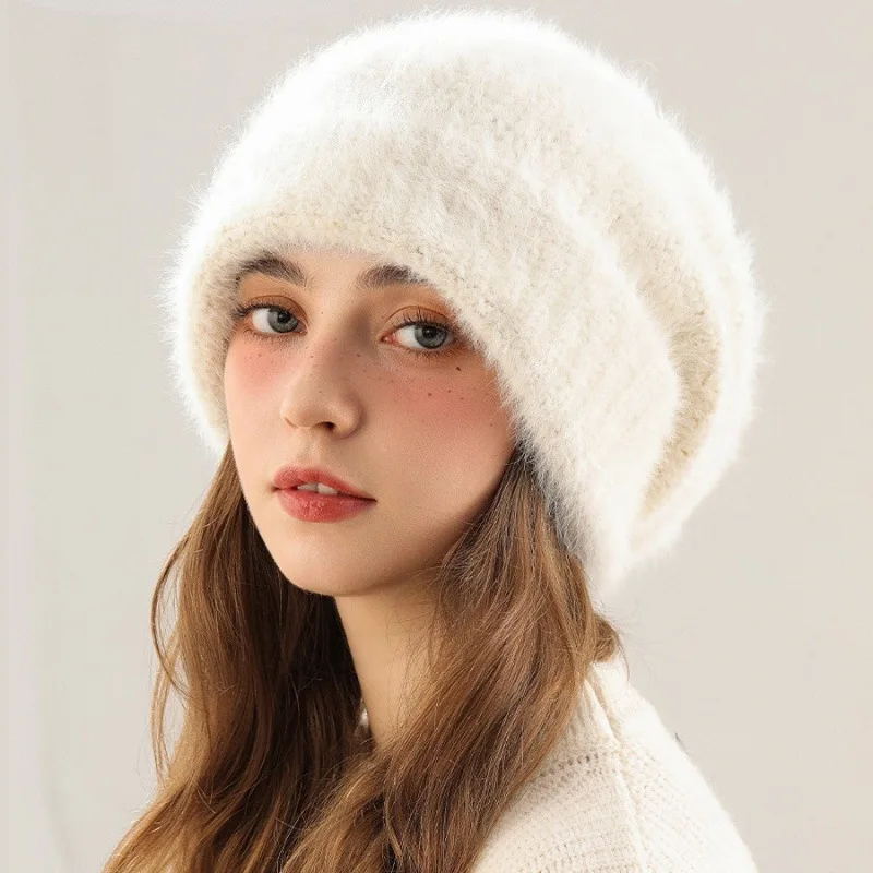 Women's Autumn and Winter Rabbit Fur Hat White Warm Thickened Large Head Circumference Plush Knitted Ear Protection Beanie