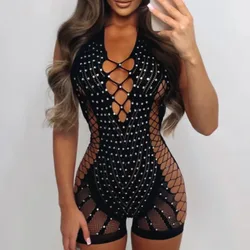 Amazon Foreign Trade New Style Sleeves Hot Diamond Sexy One-piece Net Clothes Hip Cover Skirt