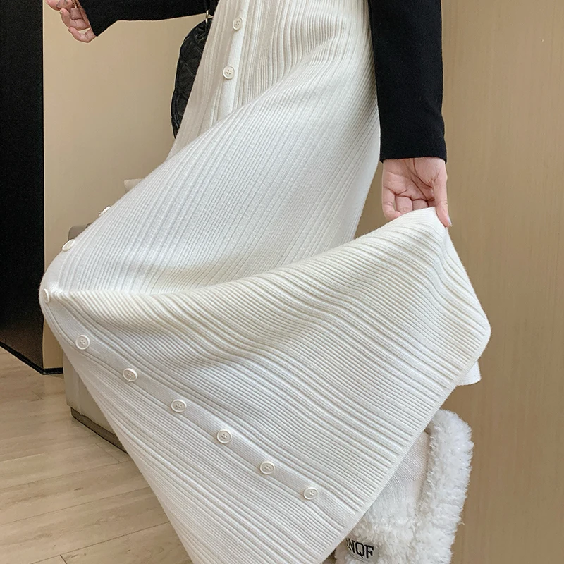 Nieuwe herfst winter mode knoppen effen kleur gebreide rok elegante split rechte pakket hip hoge taille lange rokken