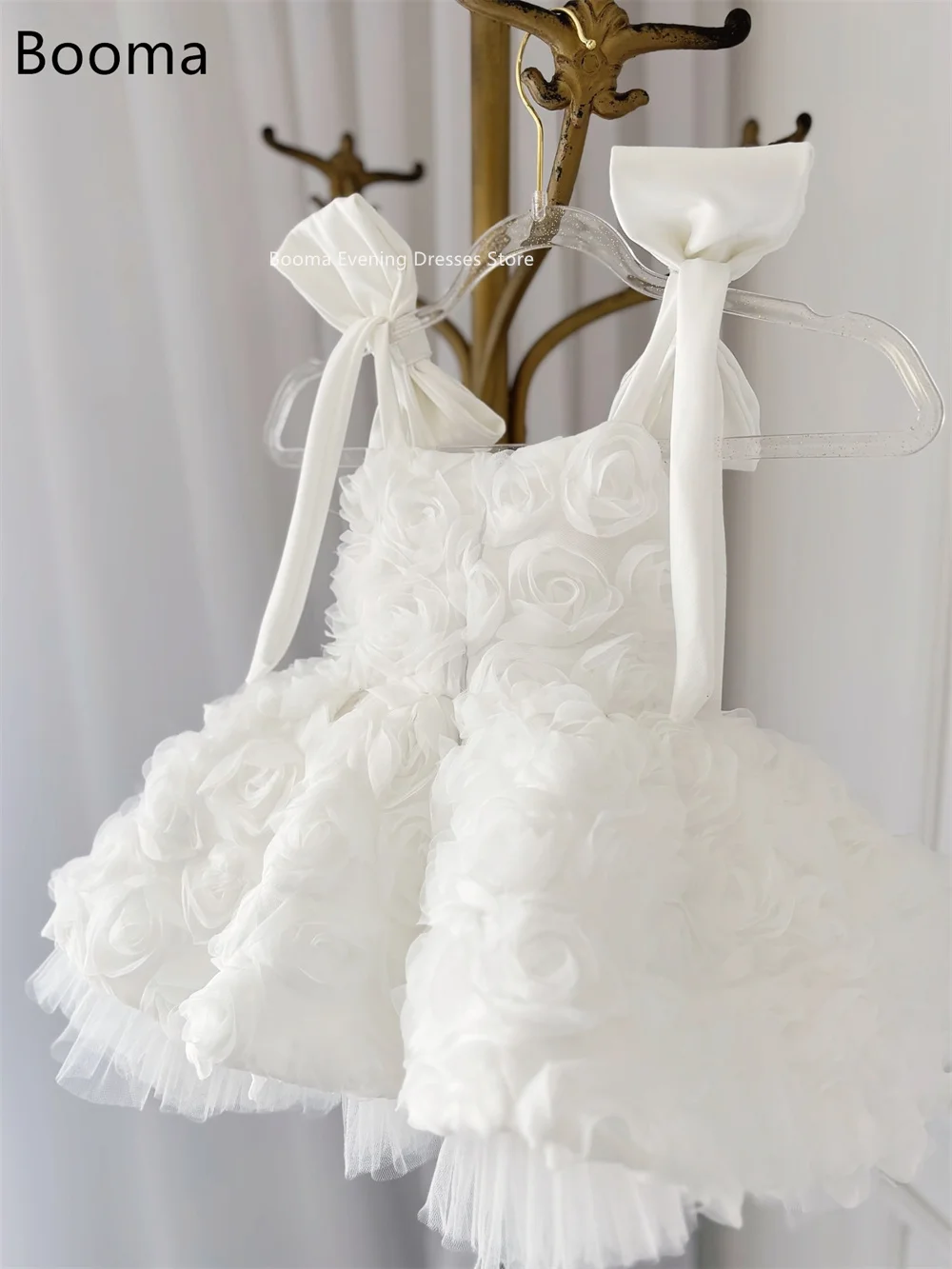 Booma A-Line Fiocco Fiori Abiti da ragazza Abito da festa di nozze per bambini Spaghetti Strap Fiori Ragazze Abiti da ballo Personalizzati 2025