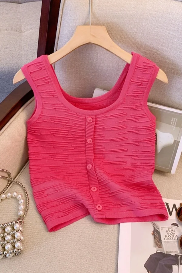 

Женский летний модный милый вязаный жилет без рукавов с круглым вырезом, женский шикарный однотонный повседневный корейский кардиган на пуговицах, жилет, топы Z989