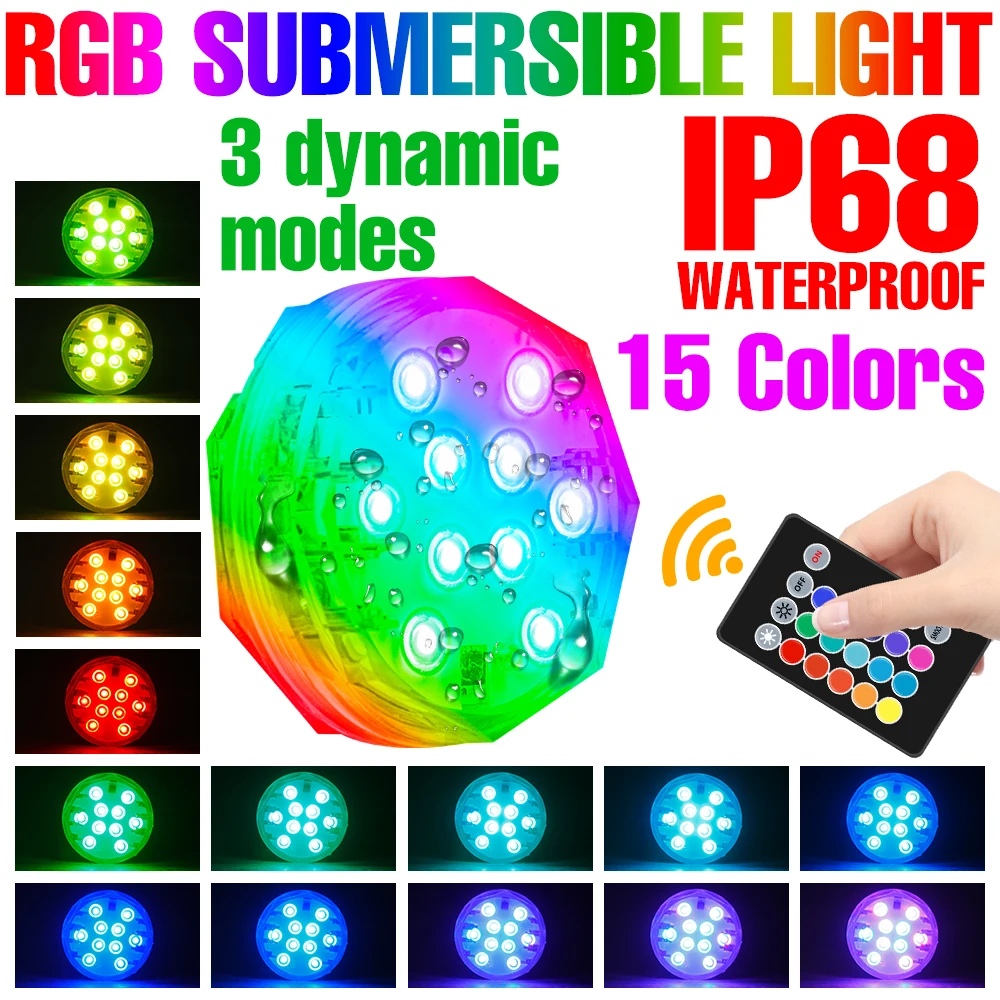 

RGB Submersible Light Underwater Night Lamp LED Swimming Pool Light Remote Control Romantic Atmosphere Lights IP68 Waterproof