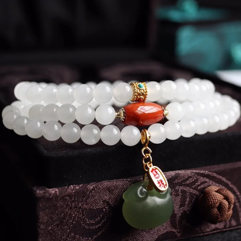 Natural Hetian Jade Qinghai Material 6Mm Multi-Loop White Bracelet