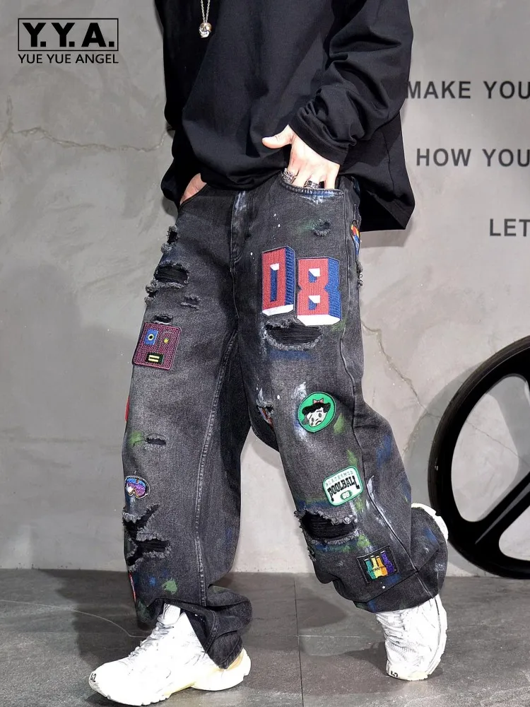 Men High Street Vintage Mid Waist Jeans Handsome Letters Embroidered Denim Trousers Loose Straight-leg Full Length Pant Hot Sale