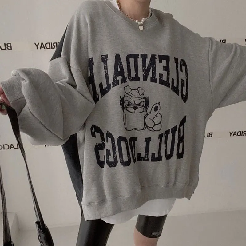 

Chic Loose Fit Long Sve Crew Ne Sweatirt with Denim Patchwork And Letter Print for Women Autumn Casual Street Sle