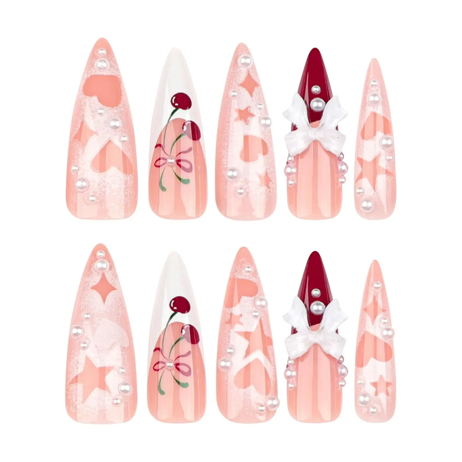 24Pcs Press on Nails Long Stiletto Glossy Red Pink Love Star French Tip Fake Nails Pearl Cherry False Nails for Women Party