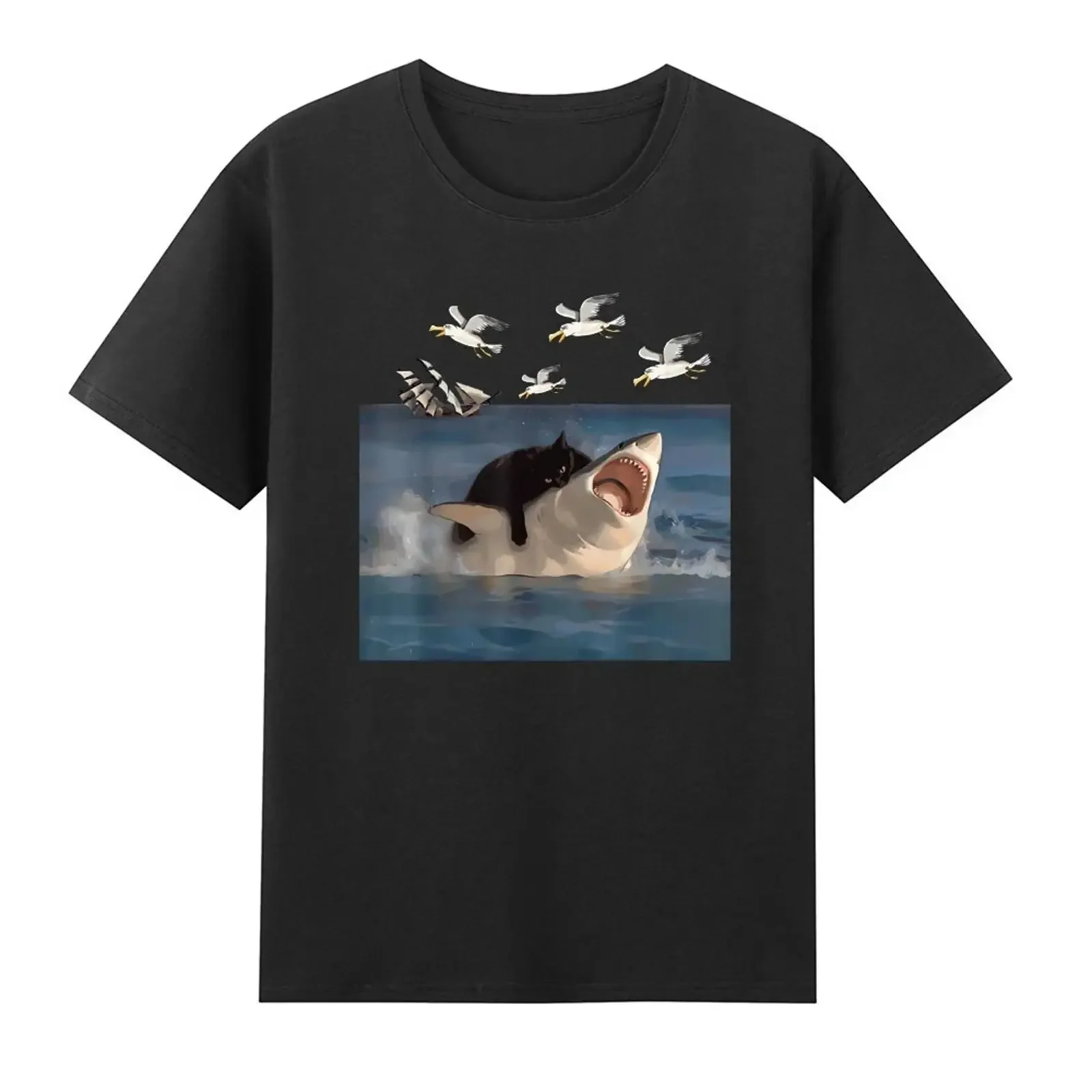 Cat Biting Shark Funny And Meme T Shirt vintage Washed Breathable graphic Casual Soft Comfortable Slightly streetwear homme