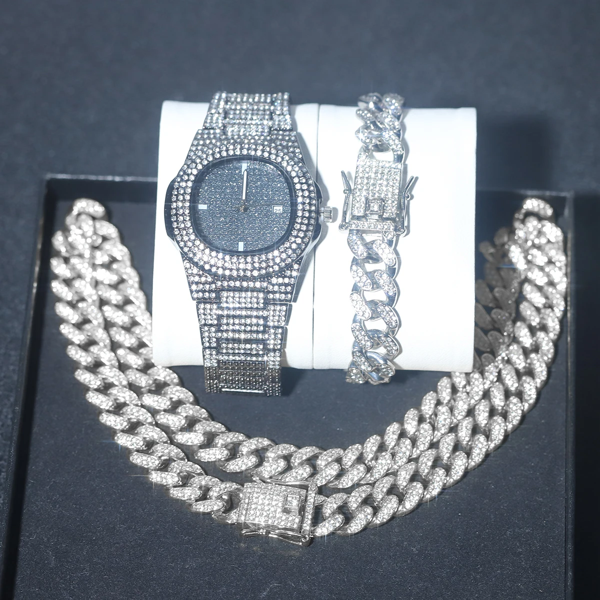 Stylish Classic Watch Set Iced Out Hip-hop Punk Black Watch+Silver Cuban Chain+Bracelet 3-in-1 Set Men Women Trend Jewelry Gift