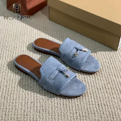 Top Quality Flat Tassel Fringe Metal Lock Slippers Comfortable Leisure Style Daily Walking Sapatos Mujer Blue Red Female Mules