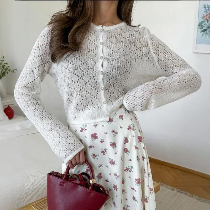 

Knitwear Sweater Cardigan Female Hollow Out Patchwork Loose Long Sleeve Knit Casual Coat Women's Autumn Slim Cardigan