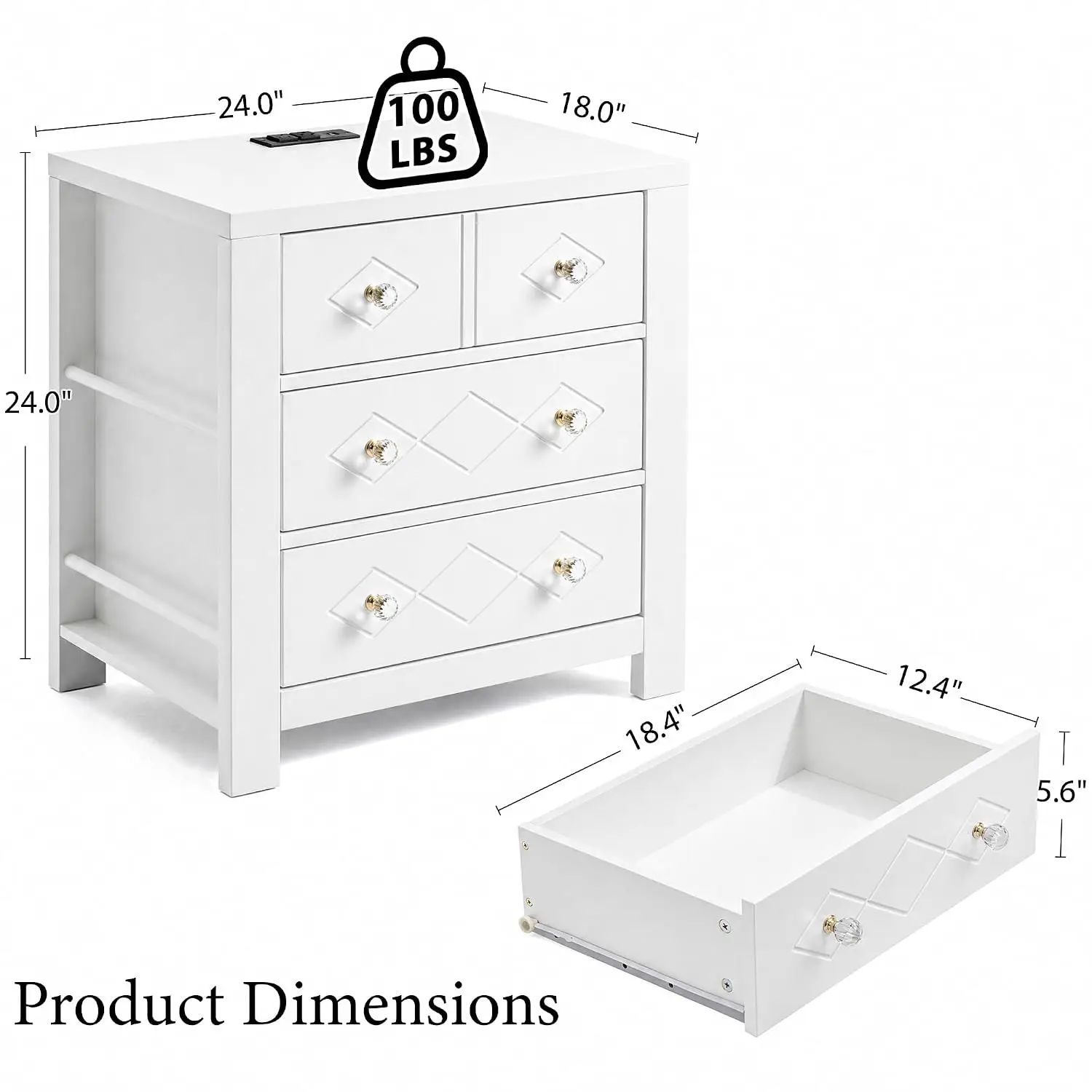 White 3-Drawer Nightstand with Charging Station & Side Shelves, 24-inch Bedside Table with AC Outlets & USB Ports, Customized