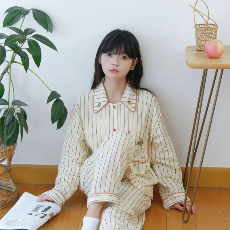 Spring / Autumn Women\'s Cotton Pajamas Striped Loose Long-sleeved Trousers Loungewear Pocket Embroidery Sleepwear 2 Piece Sets