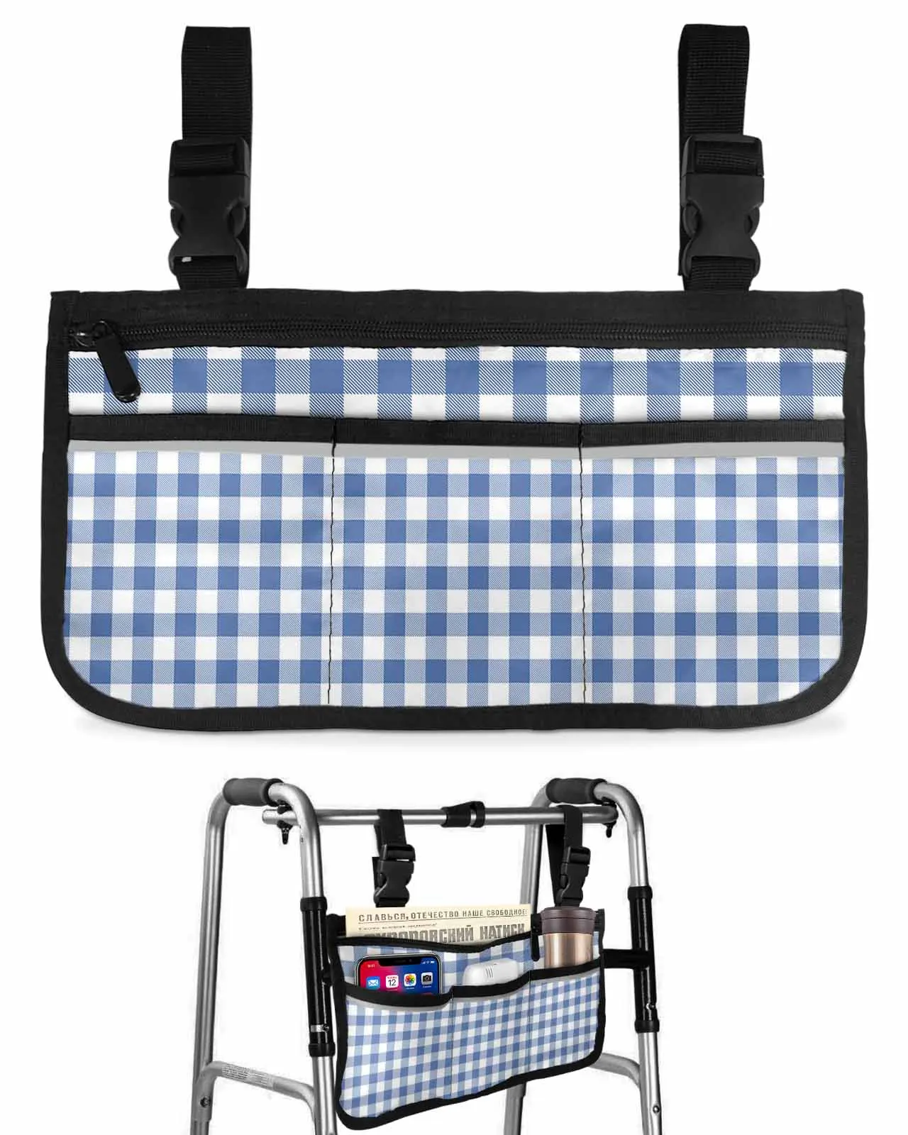 Pastoral Style Dark Blue Plaid Wheelchair Bag With Pockets Armrest Side Bags Electric Scooter Walking Frame Storage Pouch