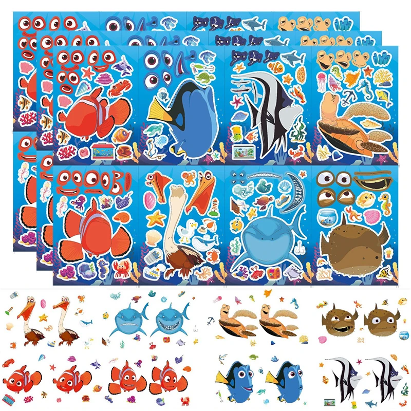 DIY Make Your Own Ocean Clownfish Octopus Shark Face Sticker Sheets For Children Boys Girls Birthday Party Favors Exchange Gifts