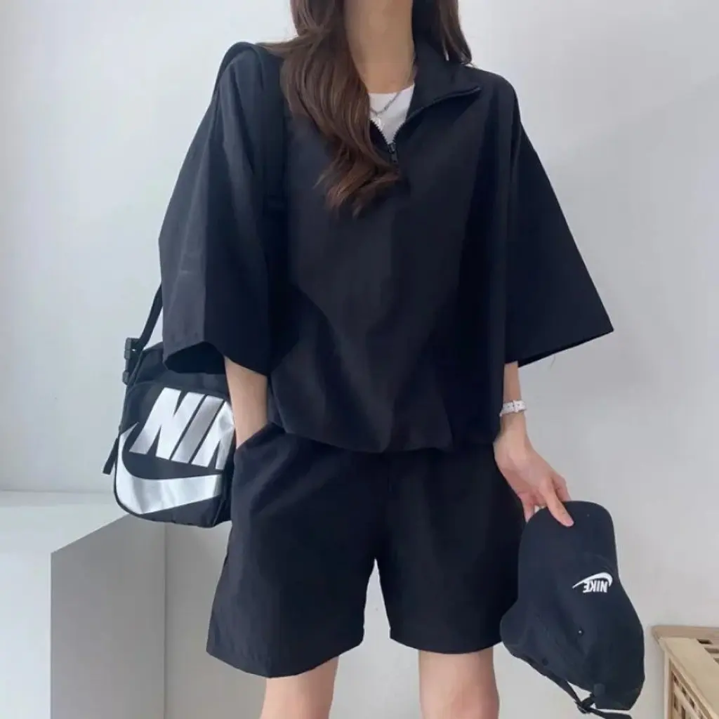 

Women's High Collar Zipper Short Sleeve Two-Piece Set Casual Summer Fashion Sportswear Loose Fit Girls Outfit