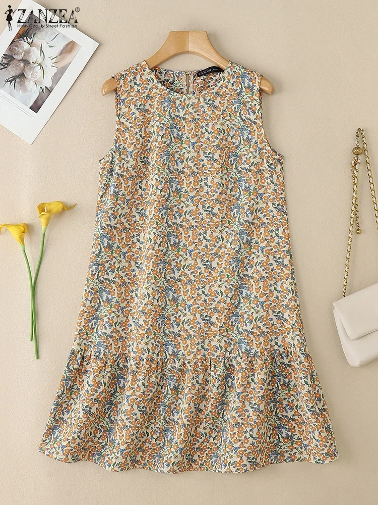 ZANZEA สตรี Casual Ditsy ดอกไม้พิมพ์เข่าความยาวชุดแฟชั่น O-คอแขนกุด Ruffled Hem Robes Femme ฤดูร้อน Sundress