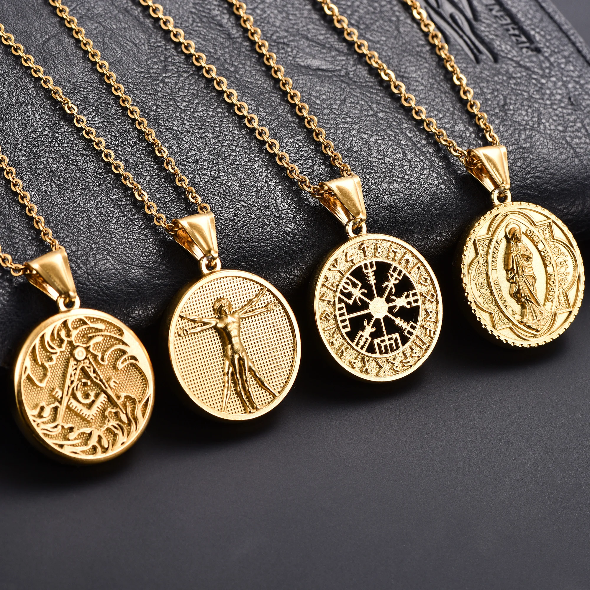 Collar con colgantes redondos de acero inoxidable Vintage para mujeres y hombres, dijes de cadena de Color dorado, accesorios de joyería DIY de Metal religioso