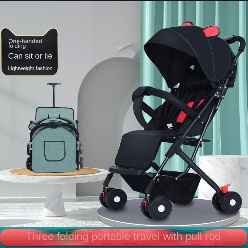 Four-wheeled Shock-absorbing Stroller Can Sit or Lie Down Lightweight Folding Newborn Baby Scooter with Trolley Baby Stroller