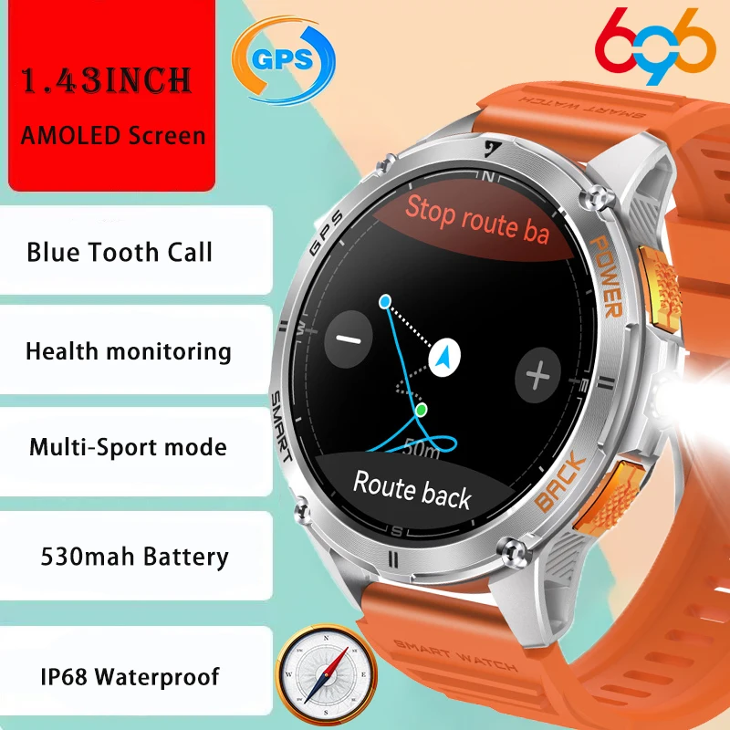 

Спортивные умные часы с GPS, 1,43 дюйма, AMOLED-экран, IP68, водонепроницаемый светодиодный фонарик, компас, уличные мужские часы, умные часы для здоровья, 530 мАч