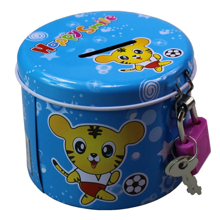 Clássico nostálgico Tin Money Box for Kids, Round Coin Bank, Desenhos animados, tigre, coelho, sereia, gestão de dinheiro Brinquedos, Criativos, Infância