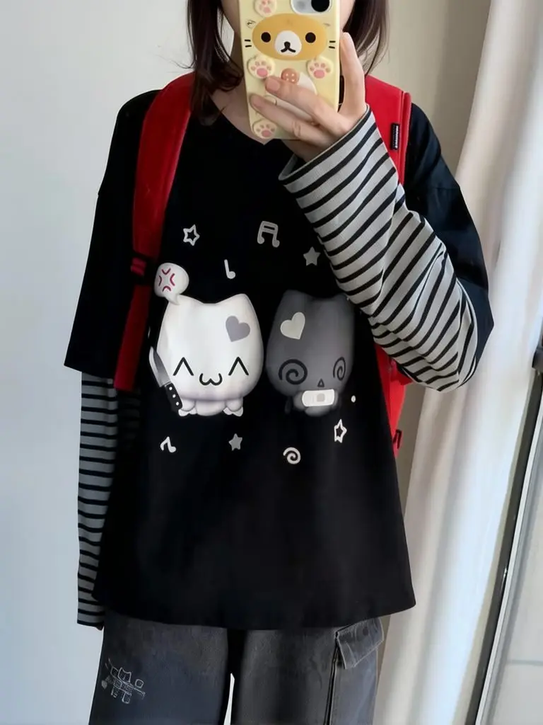 Japanese 2000s Sweet  Anime Long Sleeve T Shirt Women Fake Two-piece Striped Basic Tees Kawaii Cute Autumn Shirt