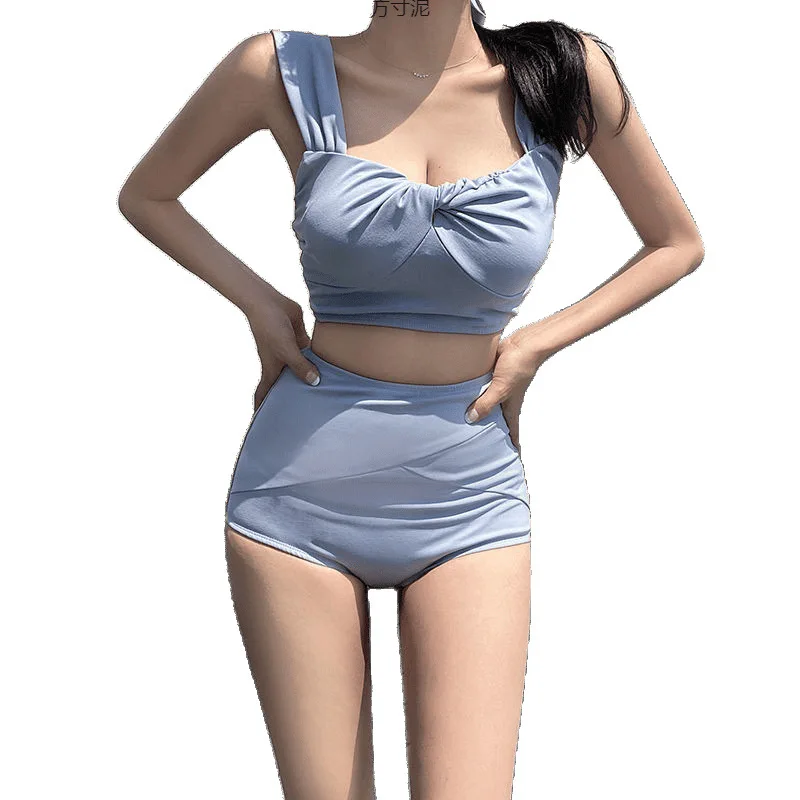 Elegancki strój kąpielowy bikini z wysokim stanem i odkrytymi plecami w stylu koreańskim, modelujący brzuch, idealny na wakacje, dwuczęściowy zestaw bikini damskich, 2026.