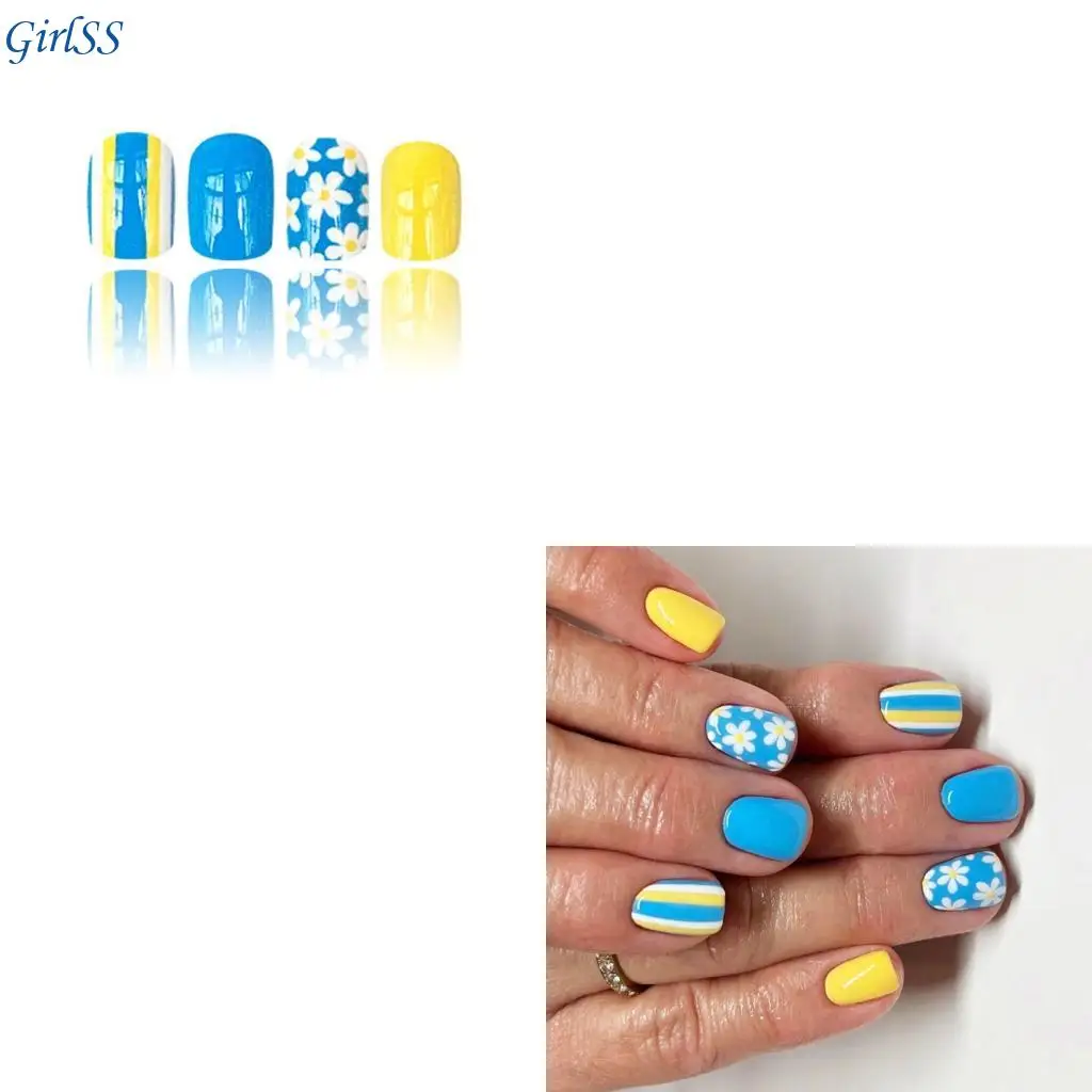 24 قطعة أظافر صناعية بلون سادة قصيرة مربعة الضغط على أظافر الزهور أظافر صناعية T4MB