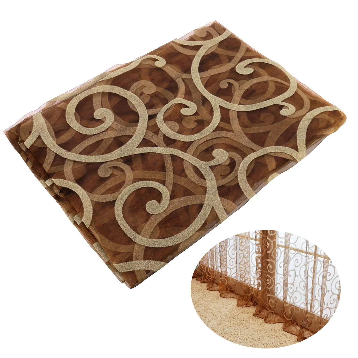 Premium Flocking Sheer Curtains 100X200Cm Coffee For Bedroom Living Room Window Tulle Transparent Voile Screen Rod Pocket