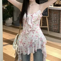 Camisole Plant&Flowers Printing Ruffles Summer Pullover Sleeveless Irregular T-shirt Casual Sexy Fashion Women's Clothing Tops