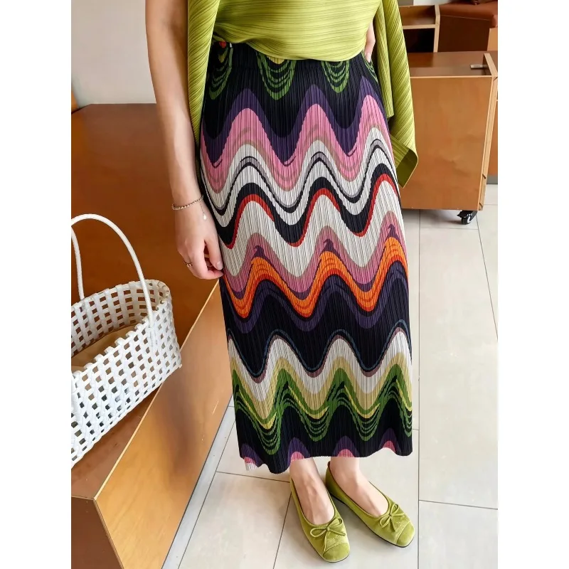 Miyake Pleated Printed Skirt Plisse 2026 Summer New Loose Plus Size Fashionable Fold Jupe Versatile Simple Pleats Half Skirt