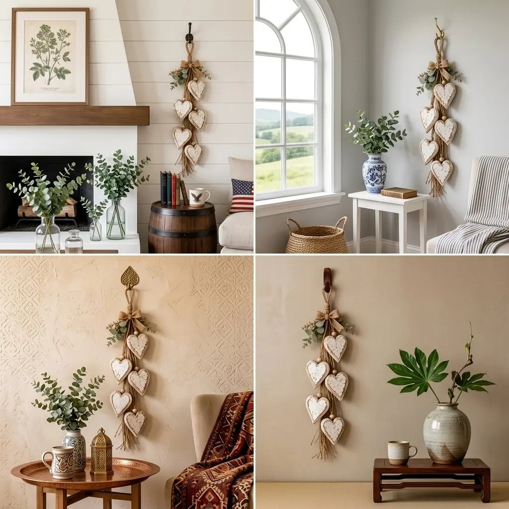Rustic Wooden Heart Garland Burlap Bow Wall Hanging Decor Farmhouse Cottage Door Swag Natural Porch Home Craft