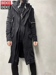 Gothic Black Medium Length Hooded Trench Men Japanese Style High Street Multi Zipper Casual Long Coat Spliced Cloak Wndbreakers
