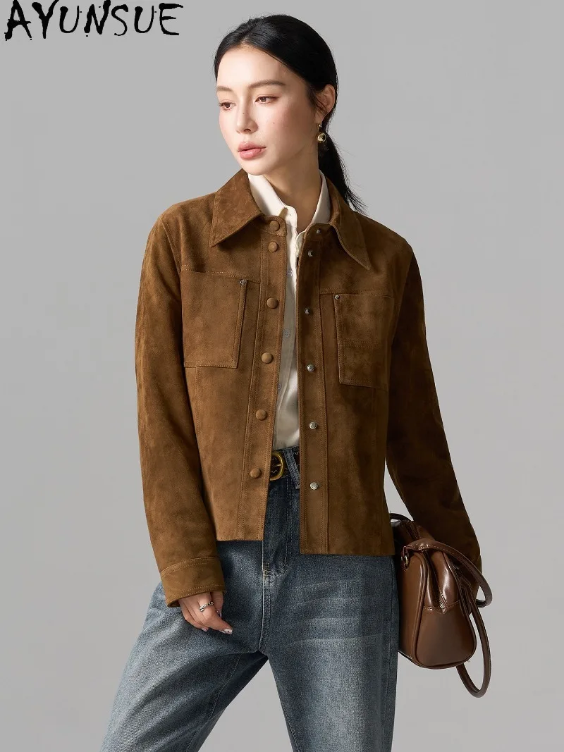 AYUSNUE Womens Sheepskin Genuine Leather Jacket 2026 Autumn New Retro Brown Luxury Short Leather Jacket Ladies Autumn Clothes