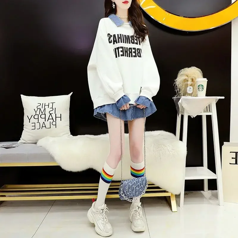 

Down Pounds a Collared Top Oversize Fake Two Piece Hoodie for Women in Spring and Autumn Thin Style Covering the Belly Slimming