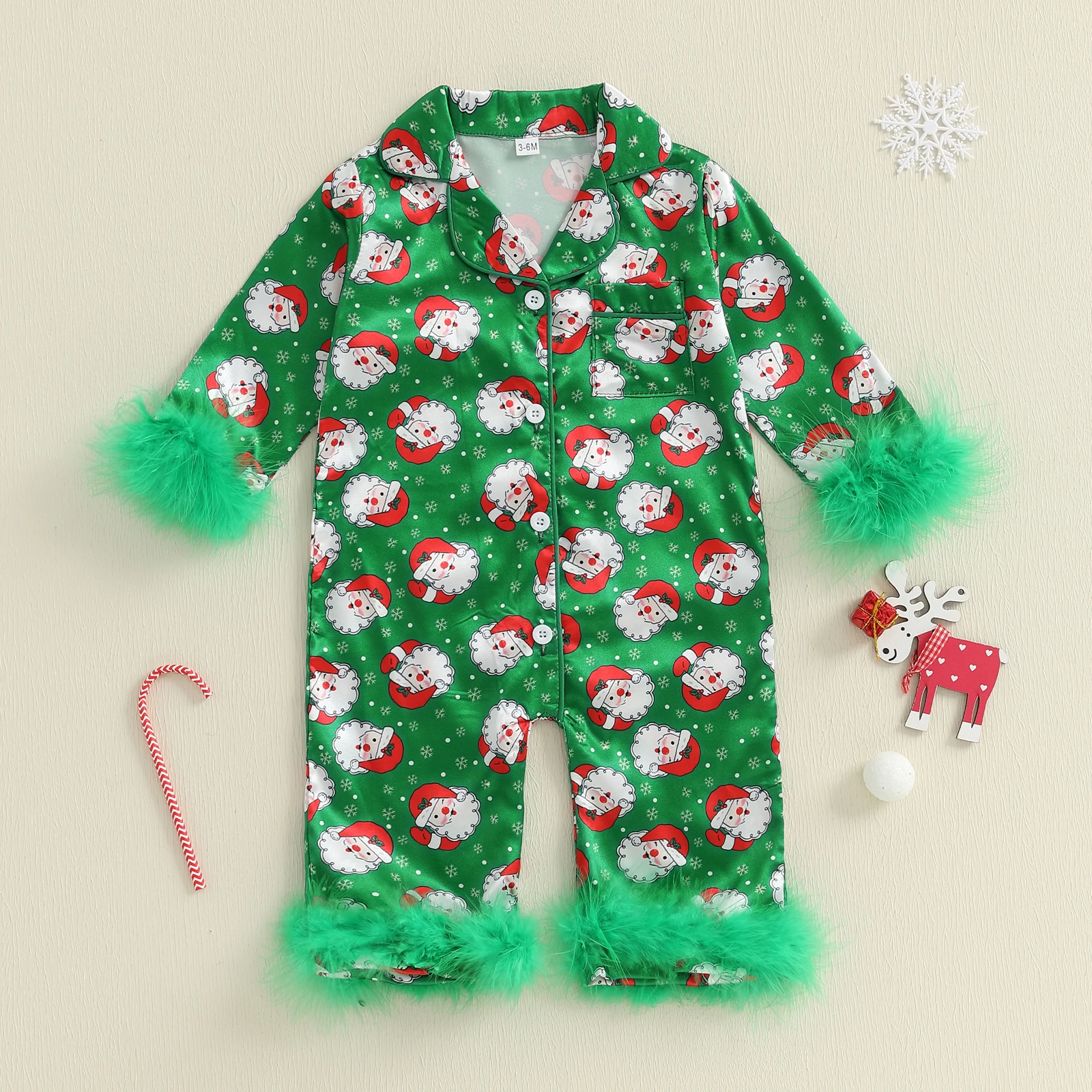 

VISgogo 0-24 Months Baby Girl Christmas Pajamas Long Sleeve Lapel Santa Claus/Dot/Socks/Candy Cane Print Jumpsuits Pajama