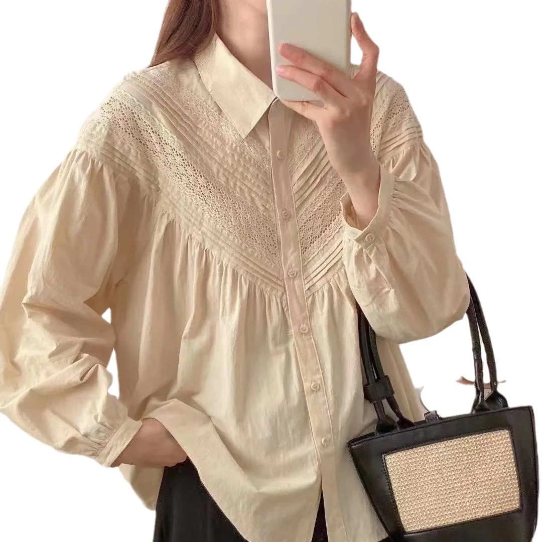 New Autumn Cotton Solid Shirts Women Lapel Collar Lace Tops Girl Puff Sleeve Loose Blouses Age Reduction Sweet Spring T39440QC