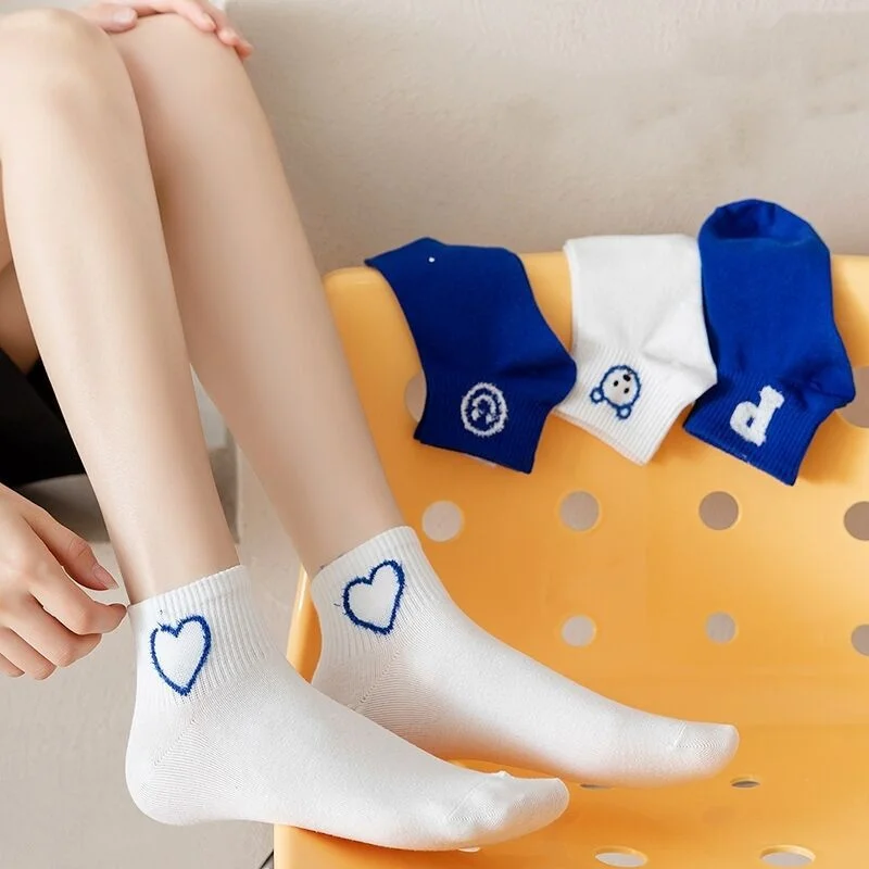 5 Pairs Of Klein Blue Womens Funny Cartoon Spring And Autumn Socks Harajuku Style Leisure Checked Boat Socks